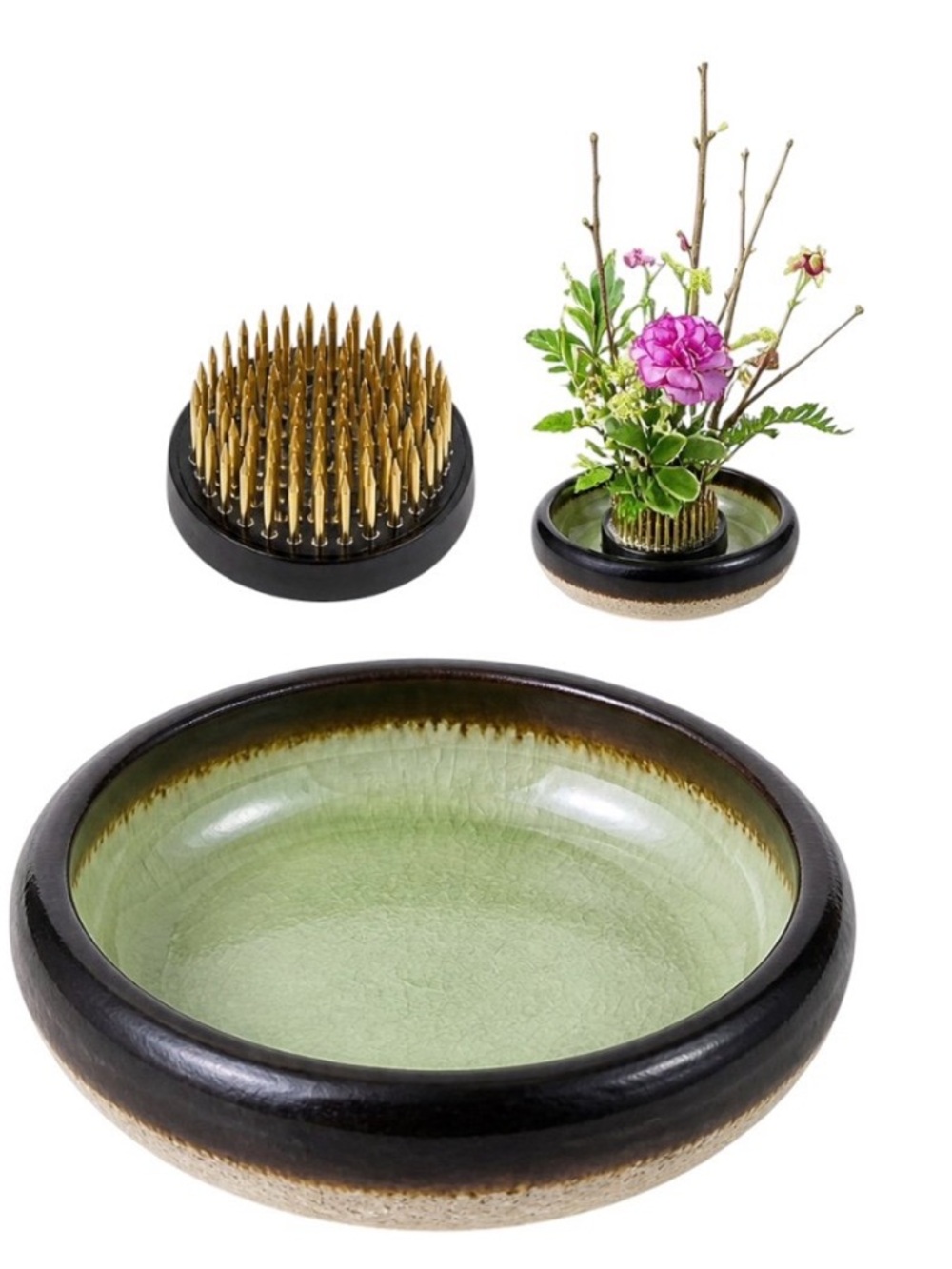 Ikebana Ceramic Flower Bowl with Kenzan – Green Crackle Glaze